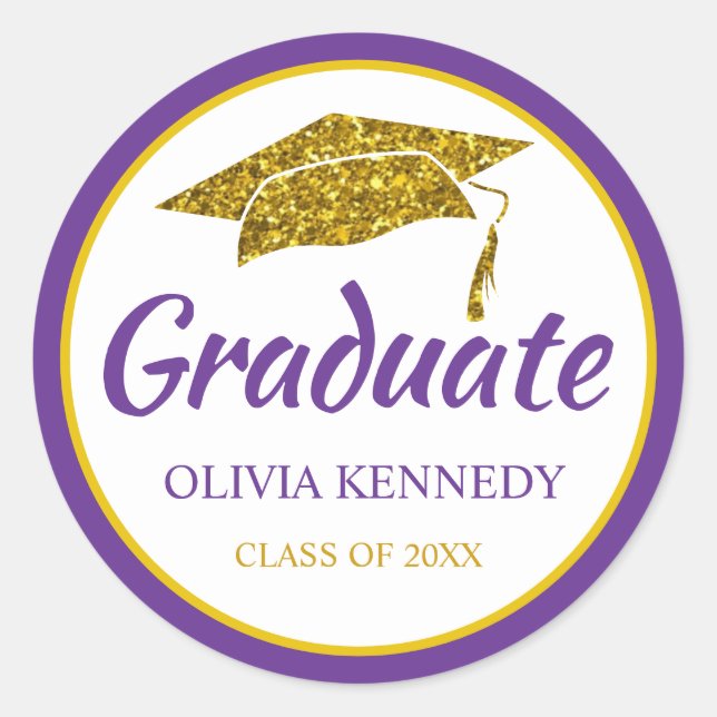 Gold Glitter Graduation Hat Purple Graduate Name Classic Round Sticker (Front)