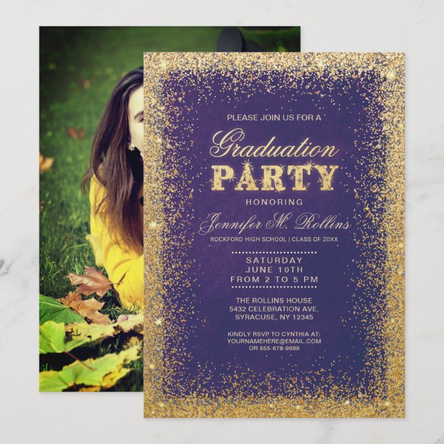 Gold & Glitter Graduation Party Invitations (Front/Back)