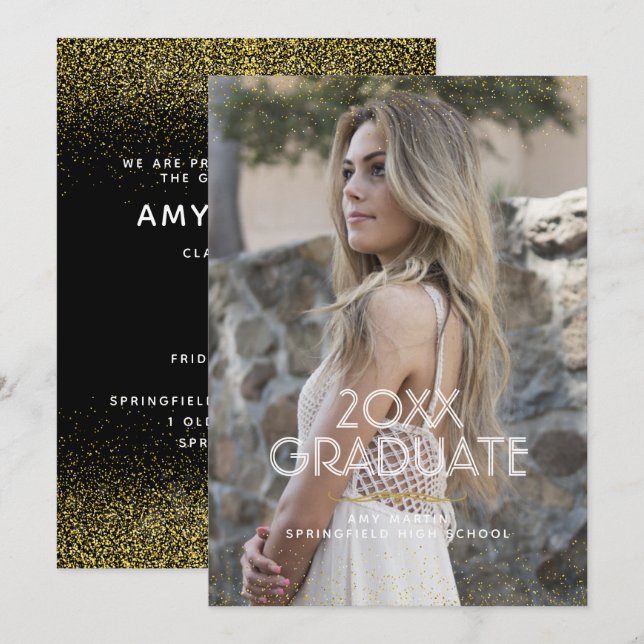 Gold Glitter Graduation Photo Announcement (Front/Back)