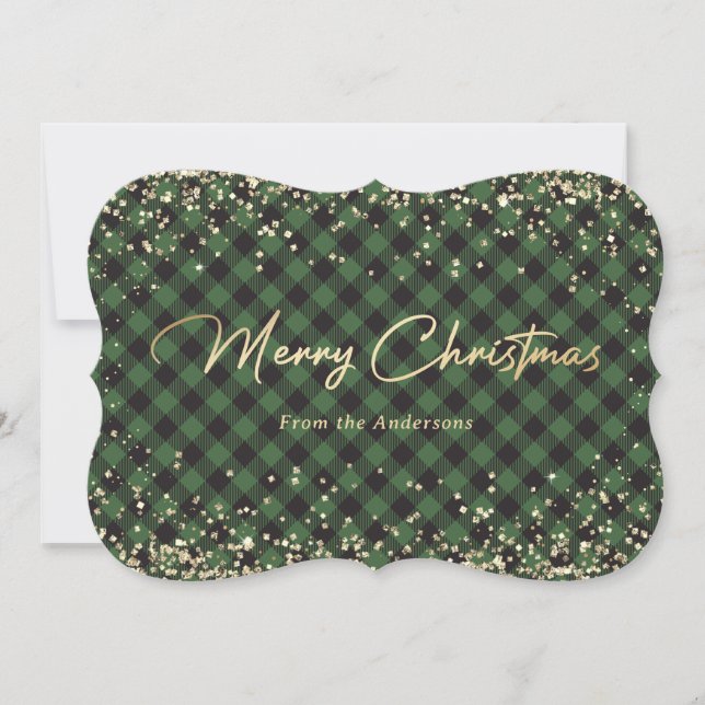 Gold Glitter Green Buffalo Plaid Christmas Cards (Front)