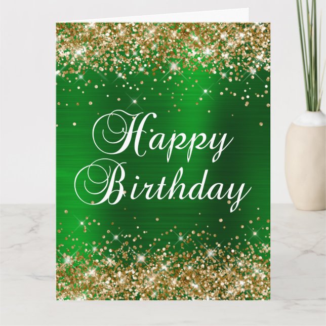 Gold Glitter Green Foil Big Happy Birthday Card (Front)