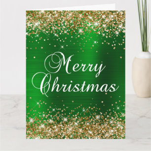 Gold Glitter Green Foil Big Merry Christmas Card