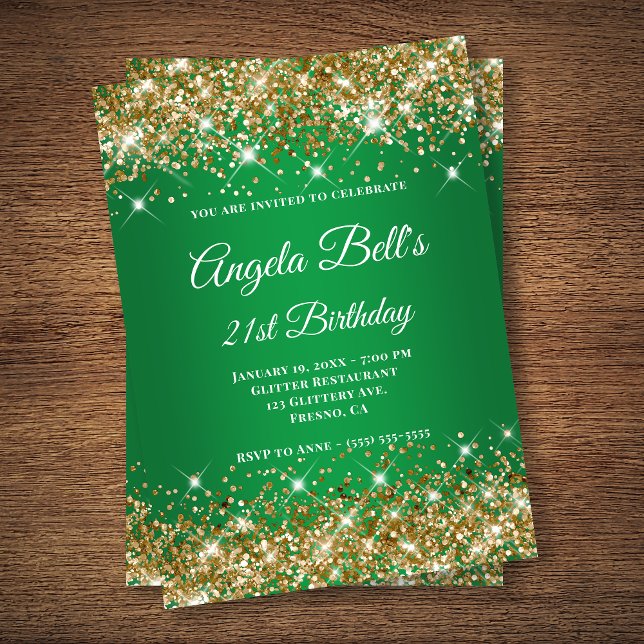 Gold Glitter Green Ombre Monogram 21st Birthday Invitation (Creator Uploaded)