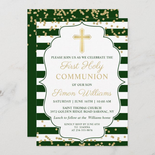 Gold Glitter Green Striped First Holy Communion Invitation (Front/Back)