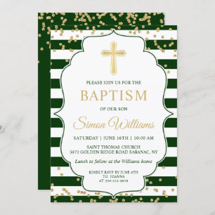 Gold Glitter Green Stripes Boy Baptism Invitation