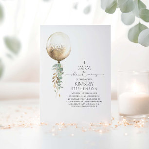 Gold Glitter Greenery Balloon Elegant Christening Invitation