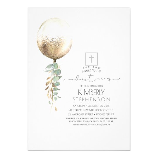 Gold Glitter Greenery Balloon Elegant Christening Invitation