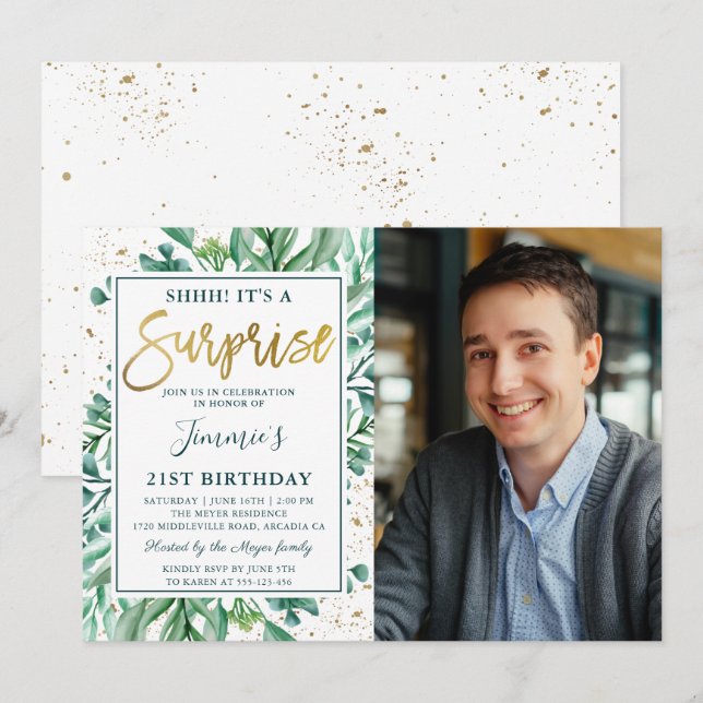 Gold Glitter Greenery Surprise Birthday Photo Invitation (Front/Back)