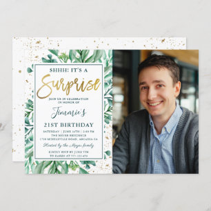 Gold Glitter Greenery Surprise Birthday Photo Invitation