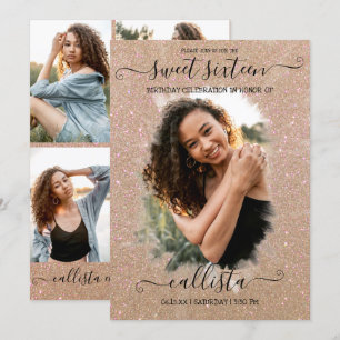 Gold Glitter Halo Photo Collage Sweet 16 Invitation