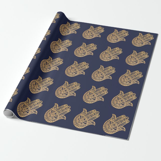 Gold Glitter Hamsa Lucky Hand Mystical navy blue Wrapping Paper (Unrolled)
