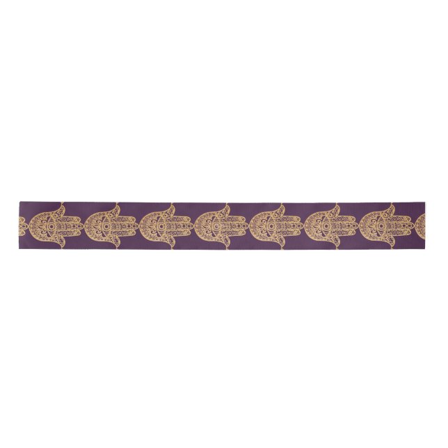 Gold Glitter Hamsa Lucky Hand Mystical purple Satin Ribbon (Front)