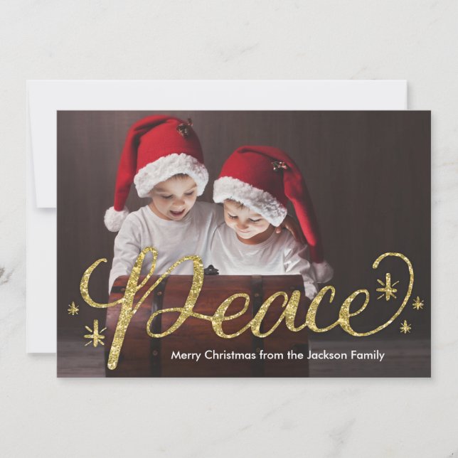 Gold Glitter Hand Lettered Peace Christmas Holiday Card (Front)