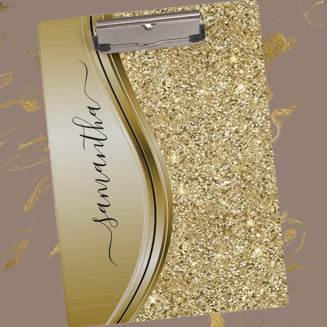 Gold Glitter Handwritten Name Metal Monogram  Clipboard (Creator Uploaded)