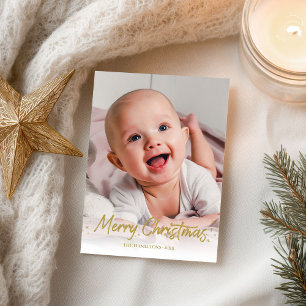 Gold Glitter Handwritten Photo Merry Christmas Postcard