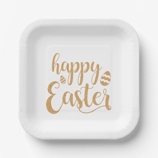 Gold Glitter Happy Easter Egg  Paper Plate (Front)
