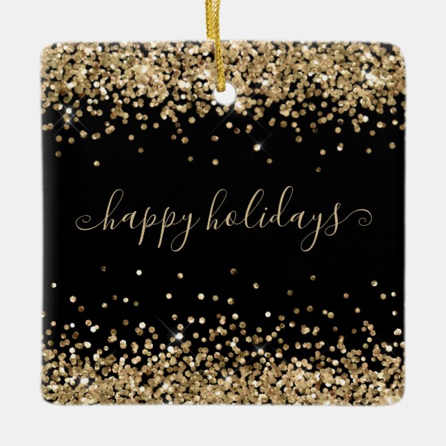 Gold Glitter Happy Holidays Sparkle Shine Black Ceramic Ornament (Front)