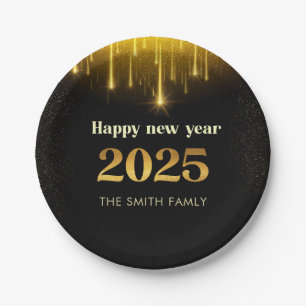 Gold Glitter Happy New Year 2025 Paper Plate