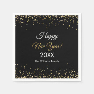 Gold Glitter Happy New Year Black Party Napkin