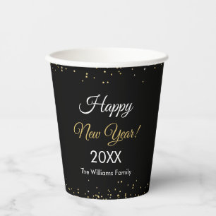 Gold Glitter Happy New Year Black Party Paper Cups
