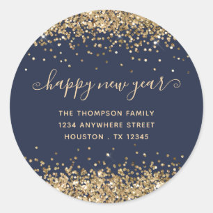 Gold Glitter Happy New Year Name Address Navy Classic Round Sticker