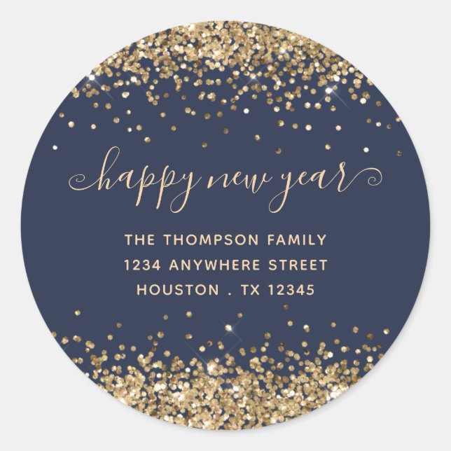 Gold Glitter Happy New Year Name Address Navy Classic Round Sticker (Front)