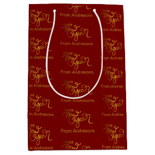 Gold Glitter Happy New Year Name Address Red Medium Gift Bag