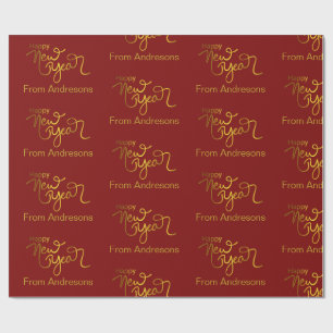 Gold Glitter Happy New Year Name Address Red Wrapping Paper