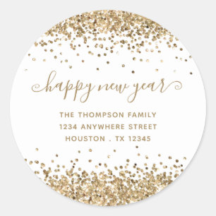 Gold Glitter Happy New Year Name Address White Classic Round Sticker