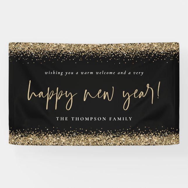 Gold Glitter Happy New Year Name Black Banner (Horizontal)