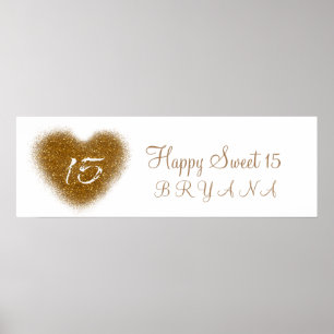 Gold Glitter Heart 15 Quinceincera Party Banner Poster