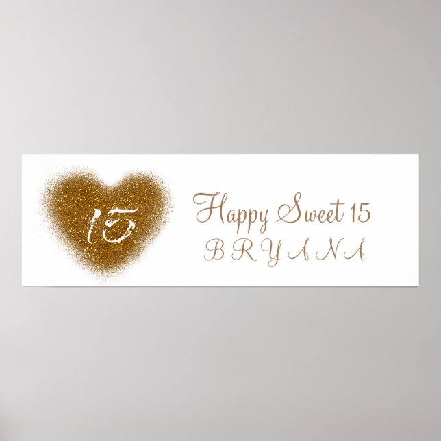 Gold Glitter Heart 15 Quinceincera Party Banner Poster (Front)