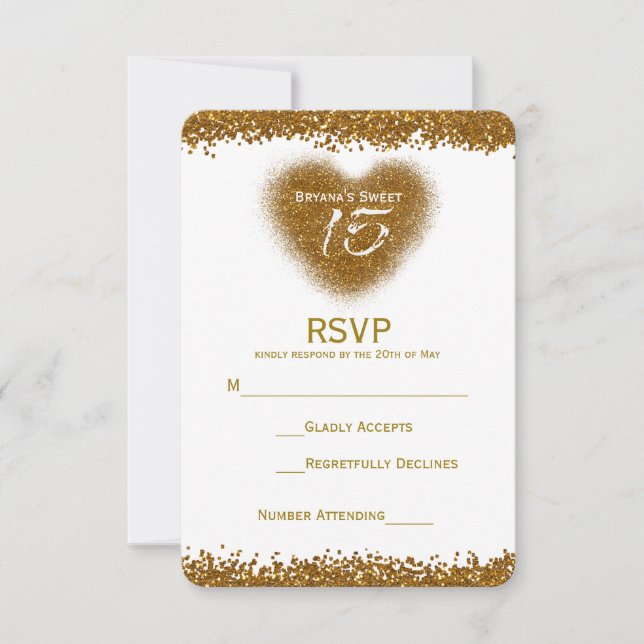 Gold Glitter Heart 15 Quinceincera RSVP Card (Front)