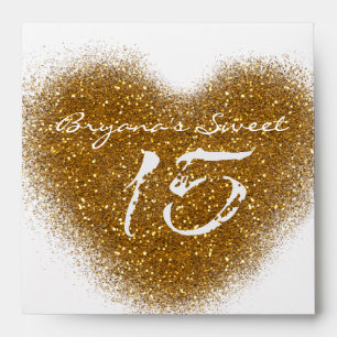 Gold Glitter Heart 15 Quinceincera Square Envelope