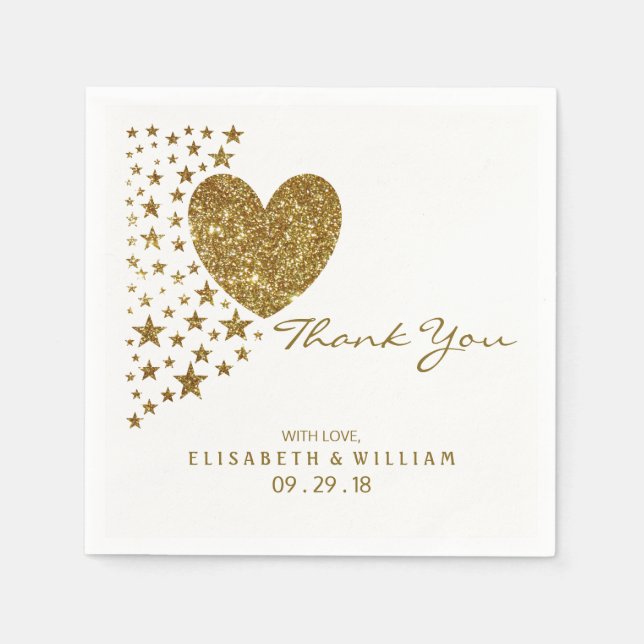 Gold Glitter Heart and Stars Wedding Napkin (Front)