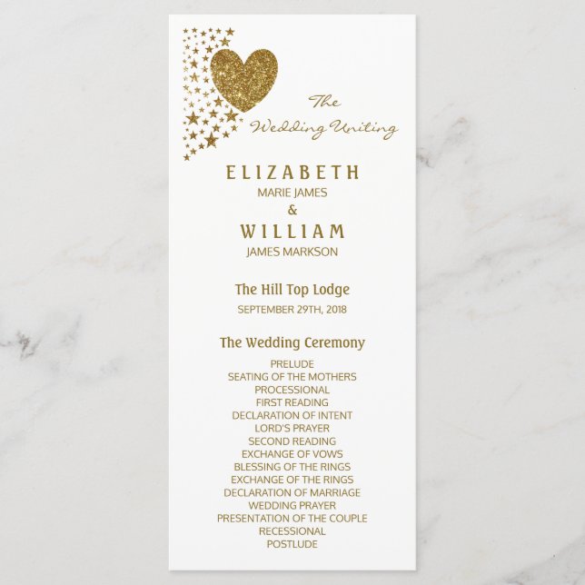 Gold Glitter Heart and Stars Wedding Program (Front)