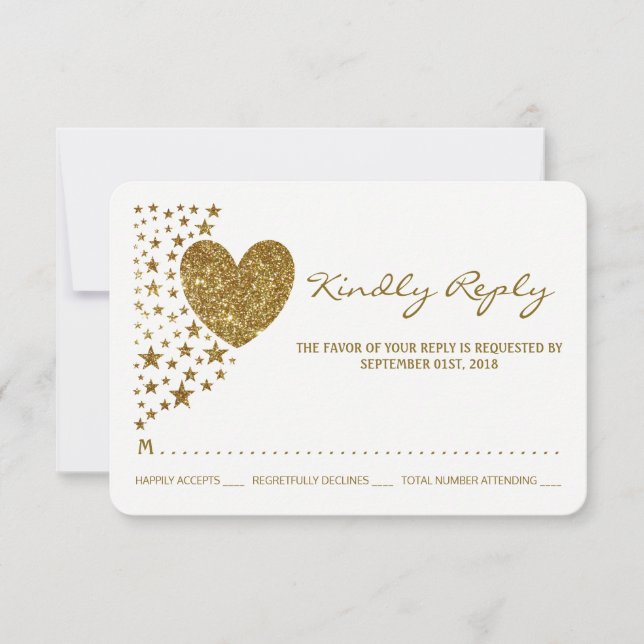 Gold Glitter Heart and Stars Wedding RSVP Card (Front)