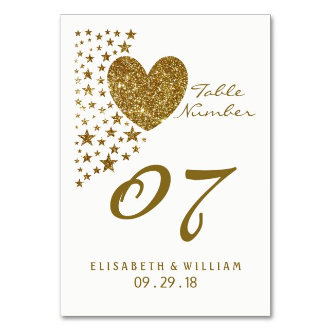 Gold Glitter Heart and Stars Wedding Table No. Number (Front)
