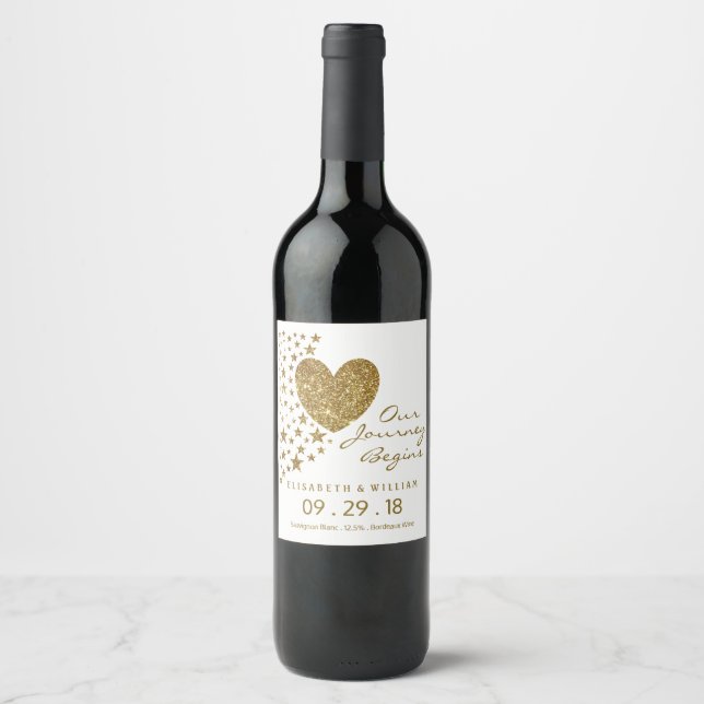 Gold Glitter Heart and Stars Wedding Wine Label (Front)