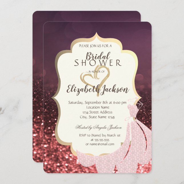 Gold Glitter Heart,Dress Bokeh Bridal Shower Invitation (Front/Back)