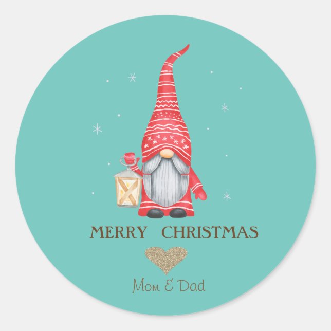 Gold Glitter Heart, Gnome Snowflakes Classic Round Sticker (Front)