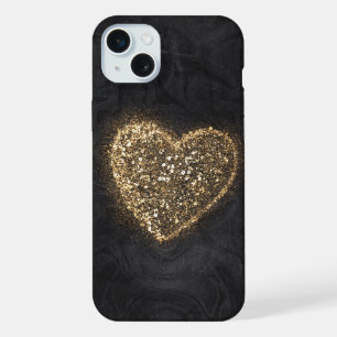 Gold Glitter Heart on Black Texture iPhone 15 Plus Case