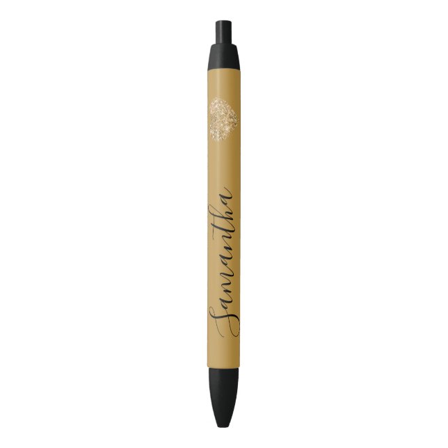 Gold Glitter Heart Personalised Name Black Ink Pen (Front Vertical)