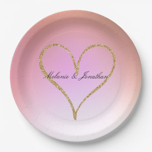 Gold Glitter Heart Pink Ombre Paper Plate