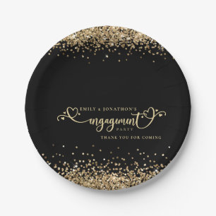 Gold Glitter Heart Script Black Engagement Thanks Paper Plate