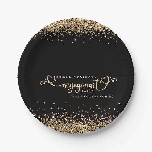 Gold Glitter Heart Script Black Engagement Thanks Paper Plate (Front)