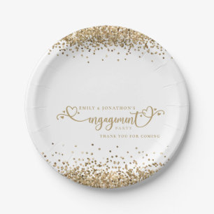 Gold Glitter Heart Script Names Engagement Thanks Paper Plate