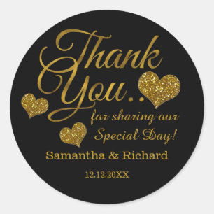 Gold Glitter Heart Thank You Wedding Favor Black Classic Round Sticker