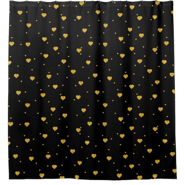 Gold Glitter Hearts On Black Background Shower Curtain (Front)