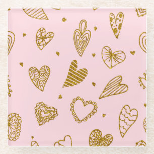 Gold glitter hearts: pink background pattern glass coaster